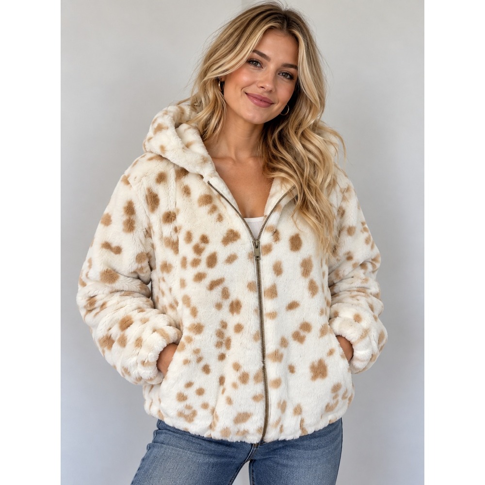 Nine West Faux Fur Jacket Women M Mob Wife Spotted Animal Print Zip Hooded Coat